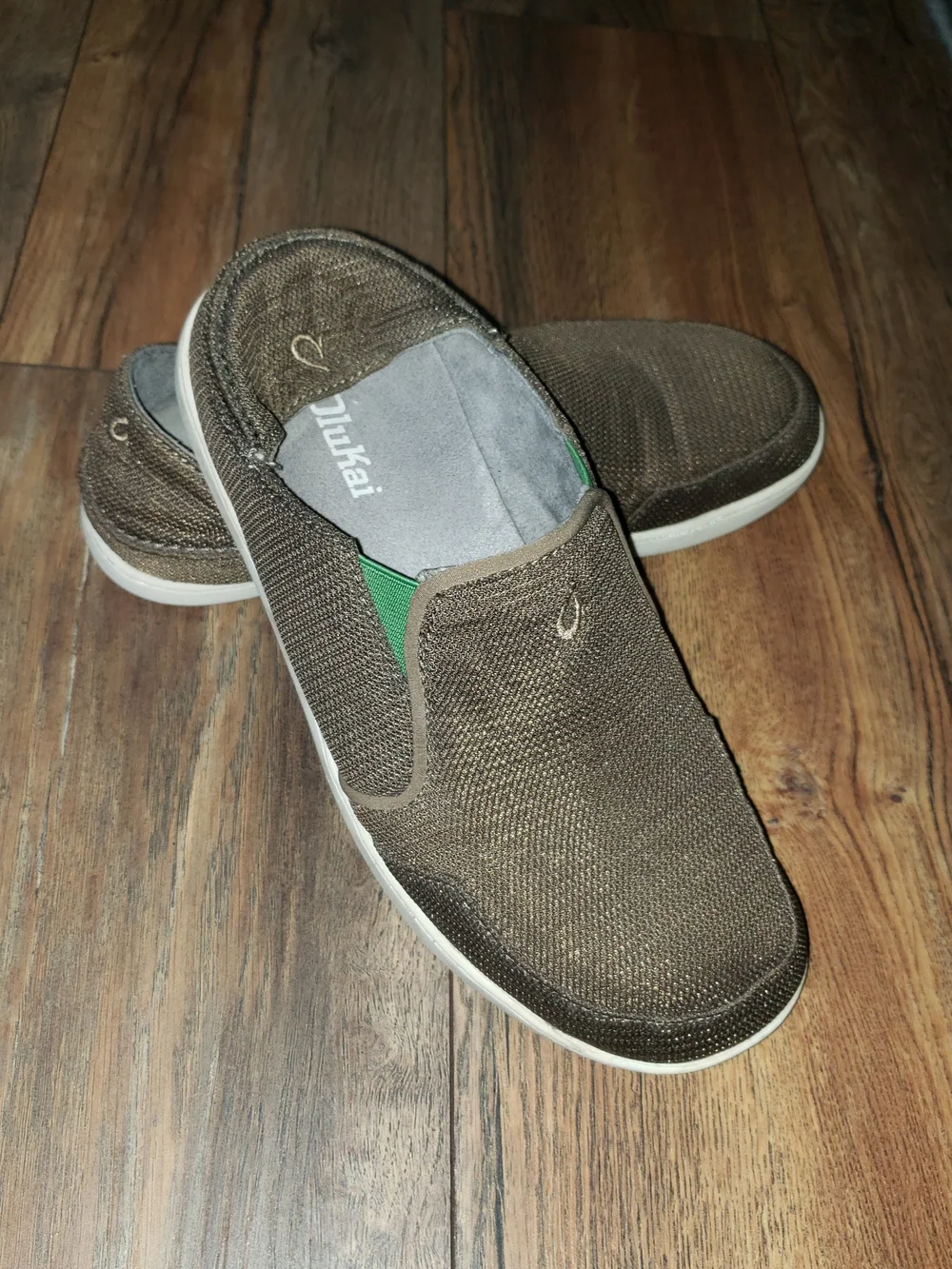 OluKai Men's Brown Mesh Slip-On Loafers with Green Stretch Panels